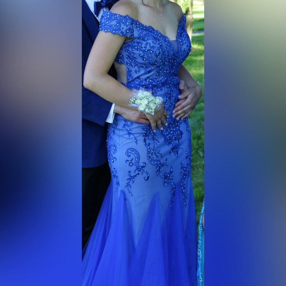 Blue off the shoulder mermaid prom dress